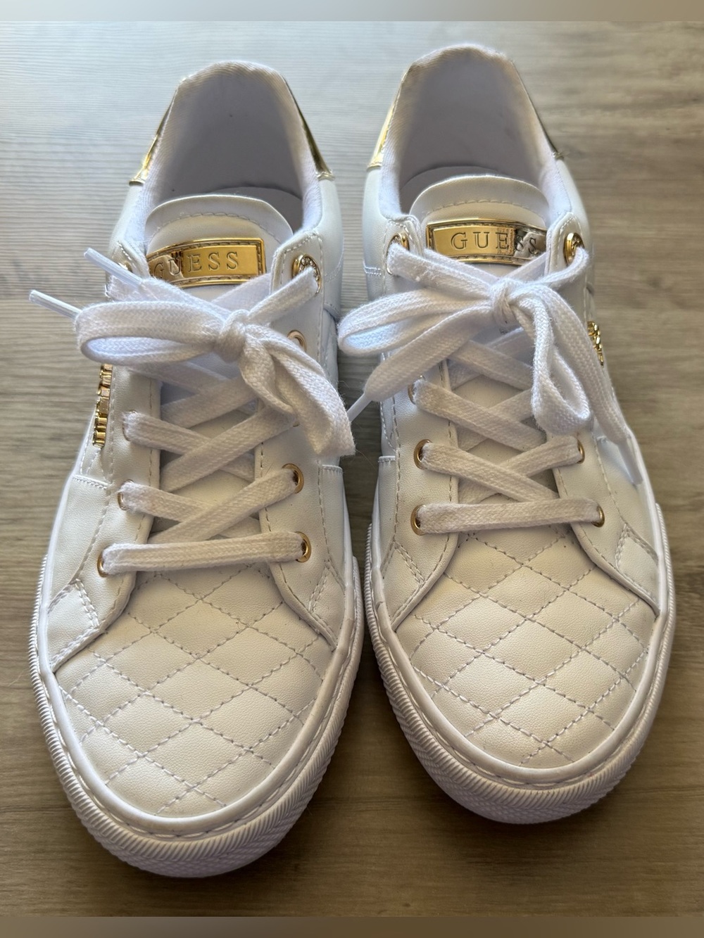 Guess White Quilted Sneakers with Gold Accents